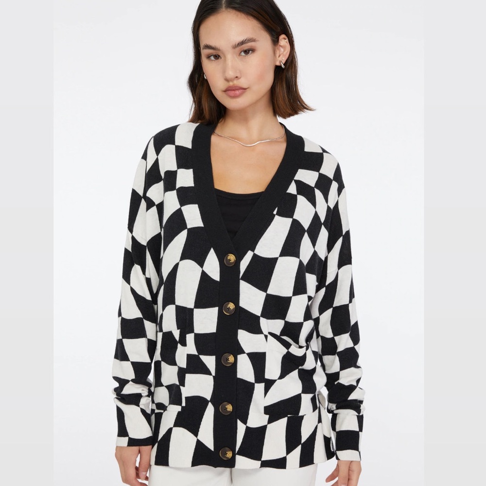 NWOT Sanctuary Cityscape Cardi Black Warped Check Button Down Cardigan Sweater